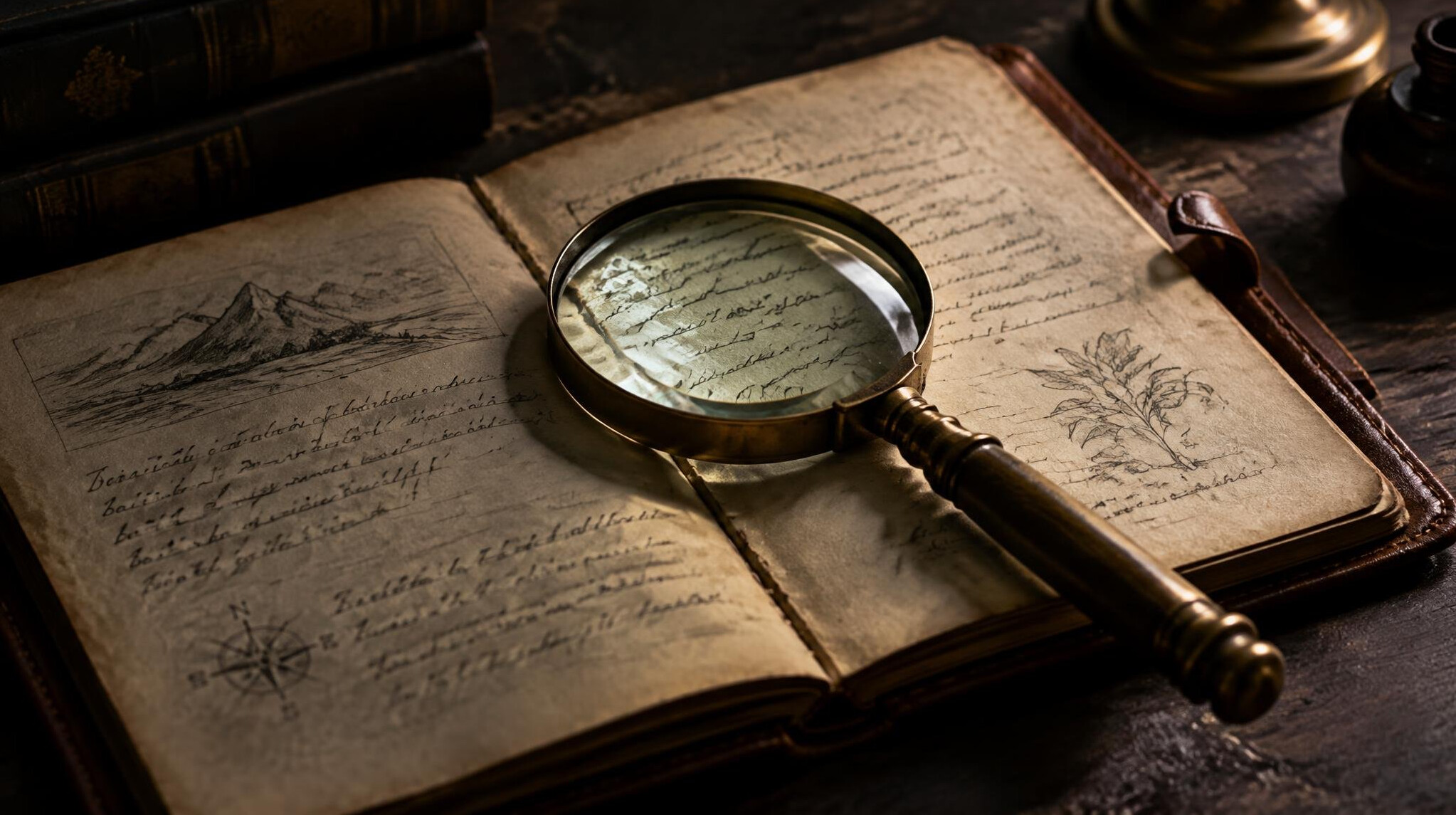 Open notebook covered in handwritten notes with a magnifying glass