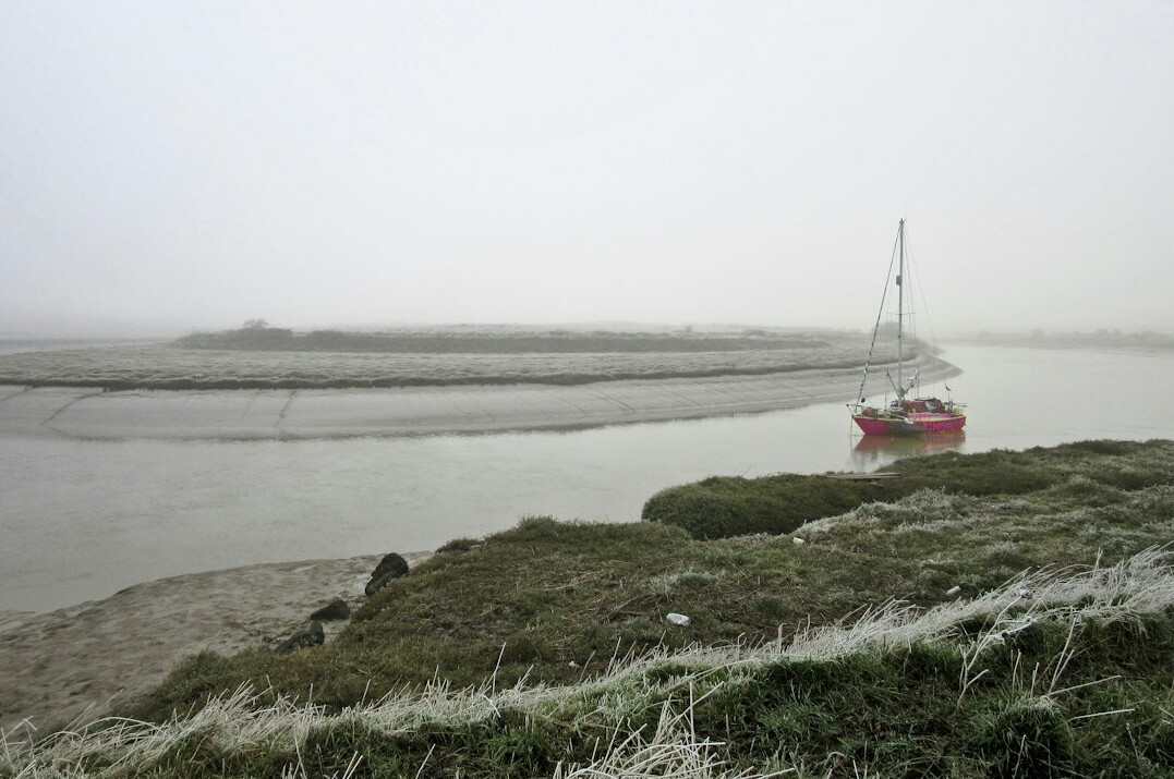 foggy riverbank at dusk