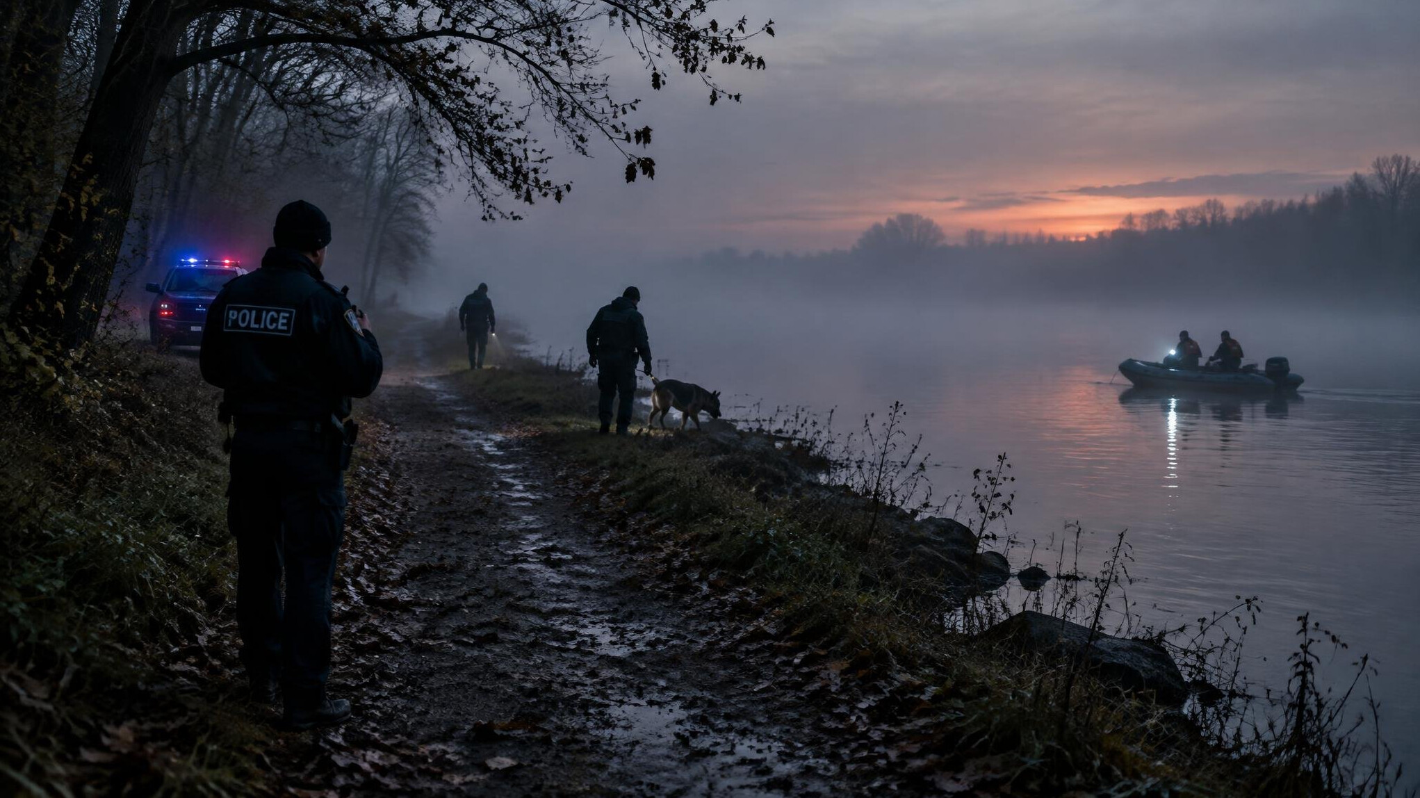 foggy riverbank at dusk