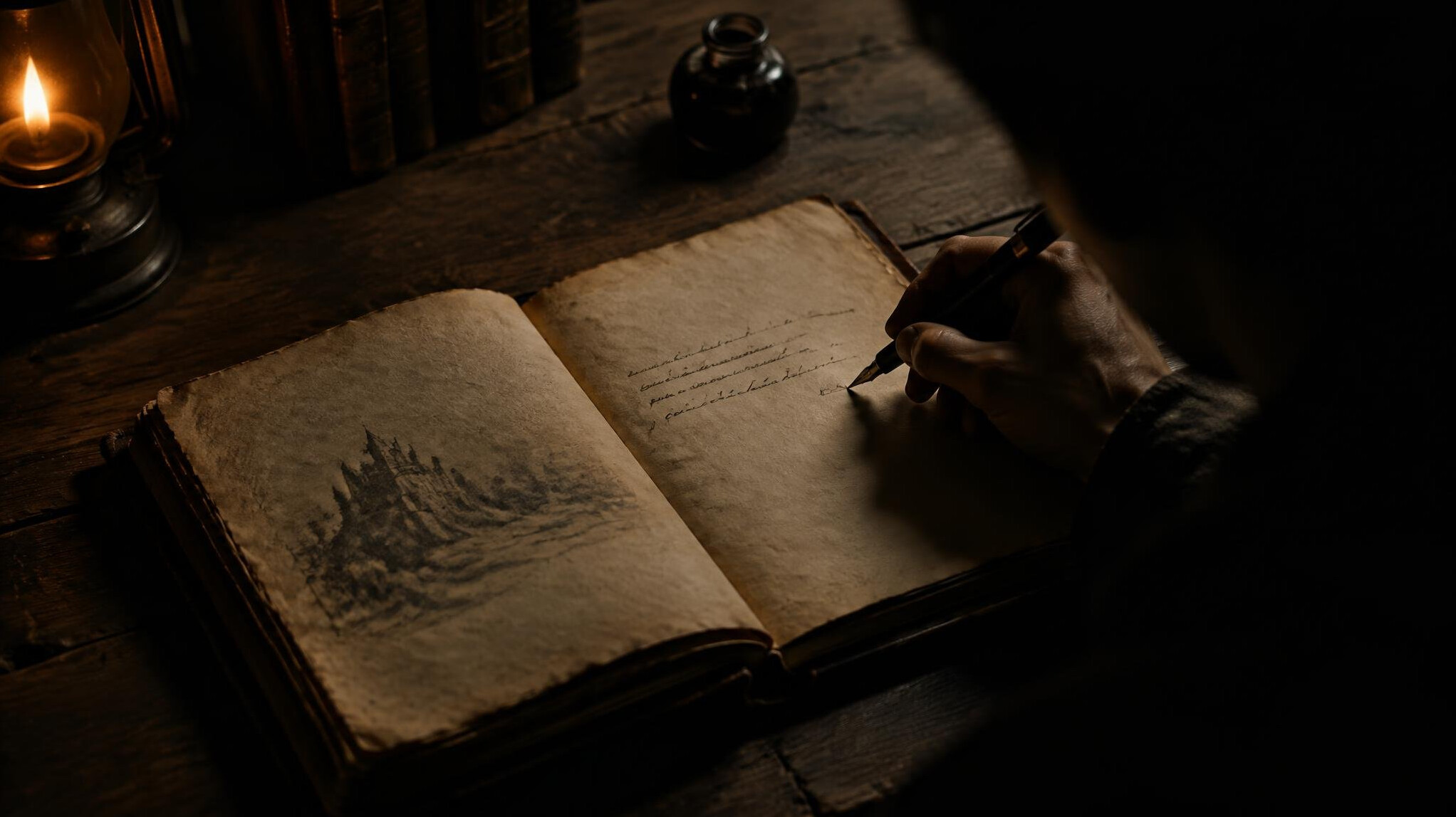 mysterious diary open on wooden table