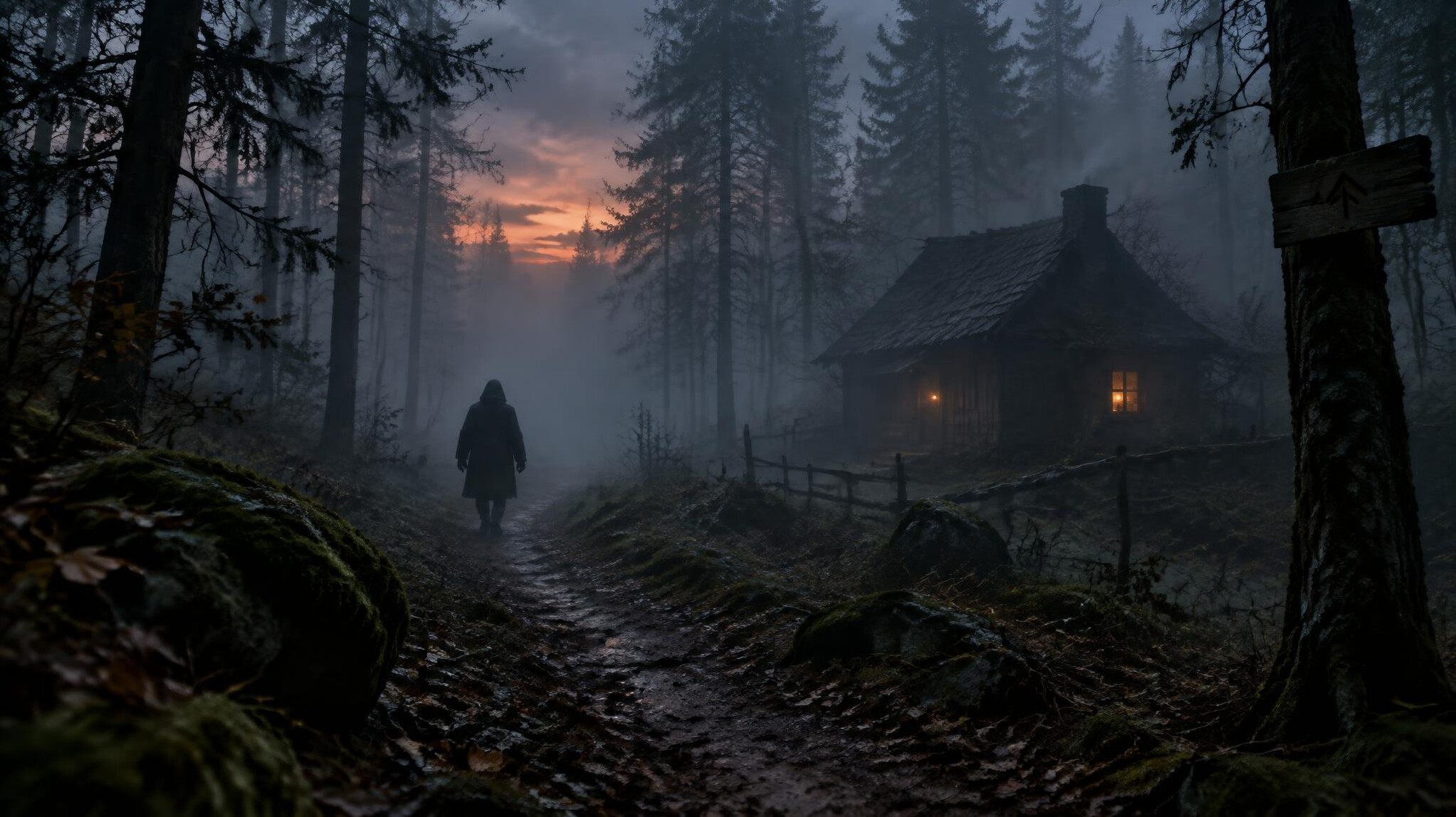 foggy forest path at dusk