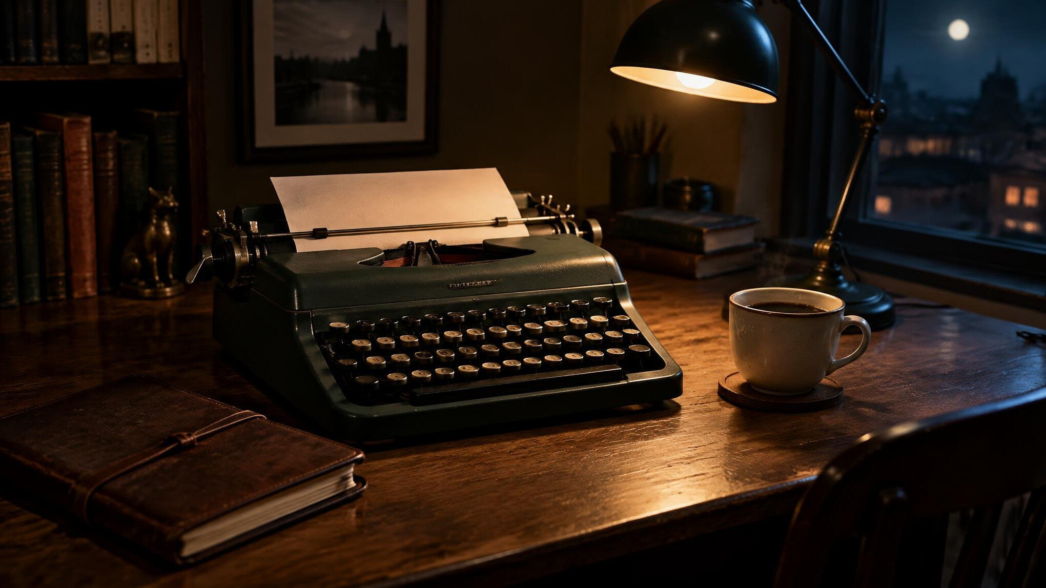 Moody writer's desk with a vintage typewriter and notebook