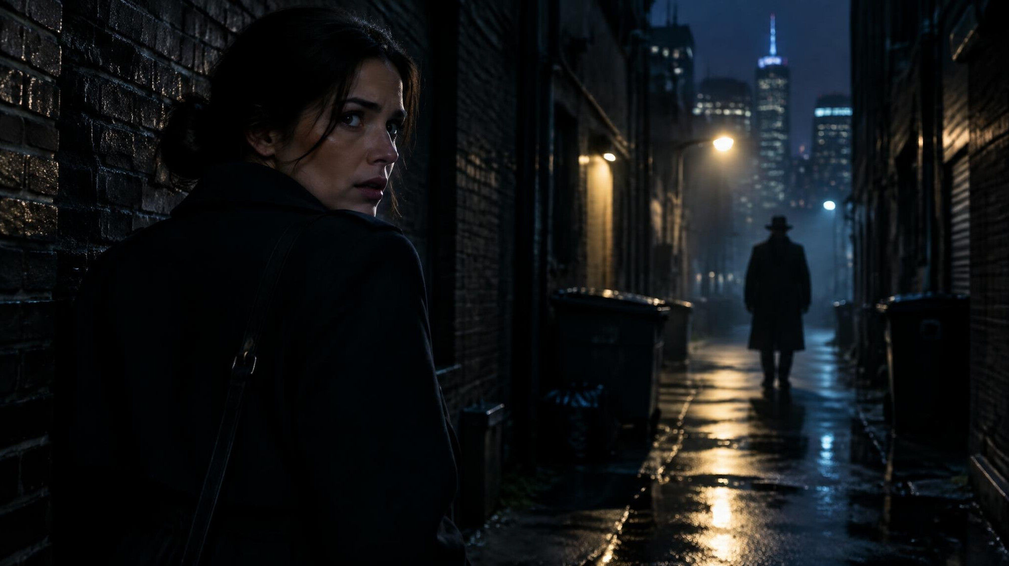 woman in dark coat at night