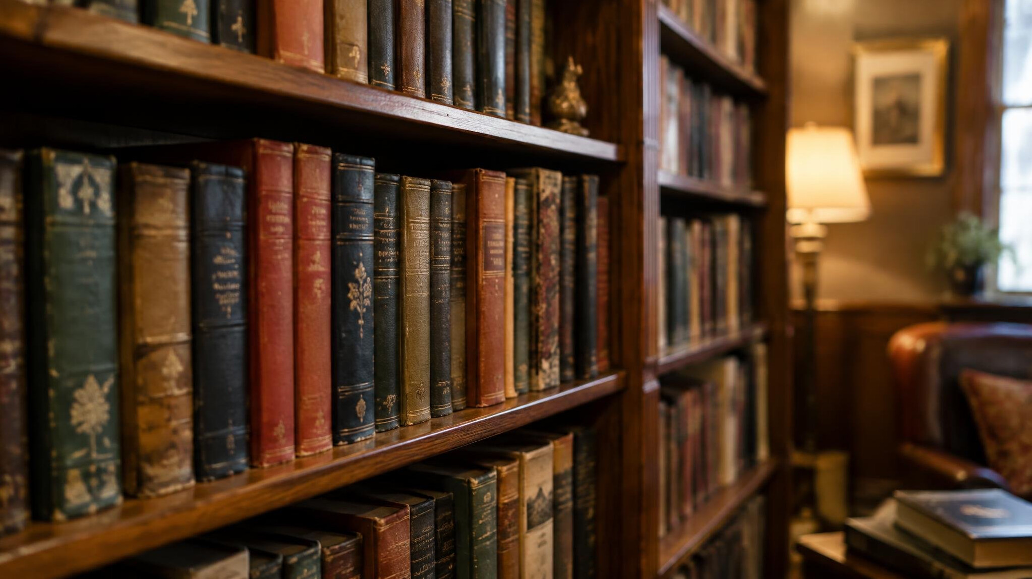 Wooden bookshelf filled with old hardcover novels