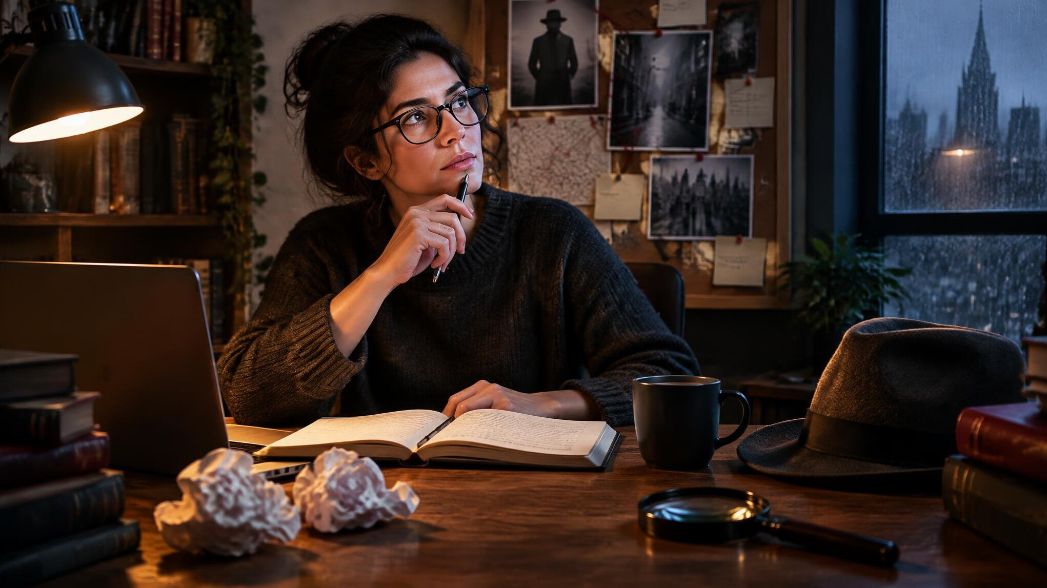 mystery writer at desk